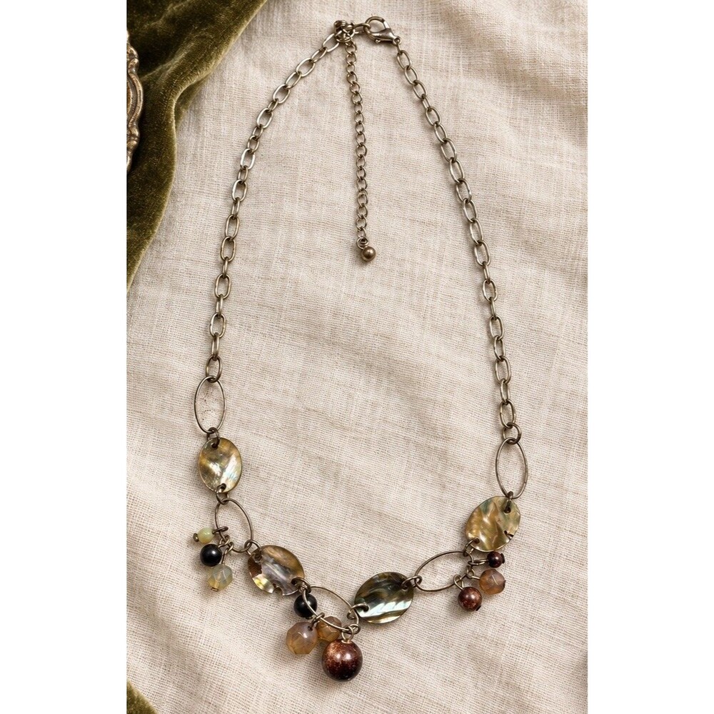 Vintage Iridescent Shell Beaded Necklace Silver Tone Boho Dangle Charms